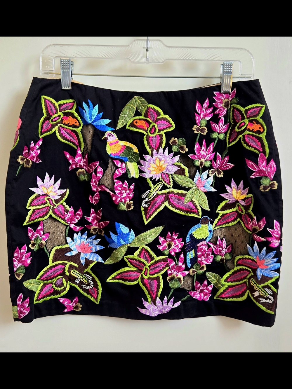 Black Embroidered Mini Skirt with Bright Floral & Bird Motif